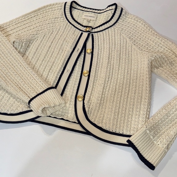 Lucky Brand Sweaters - Lucky Brand Granny Cottage Core Cream Cardigan with Navy Trim and Gold Buttons